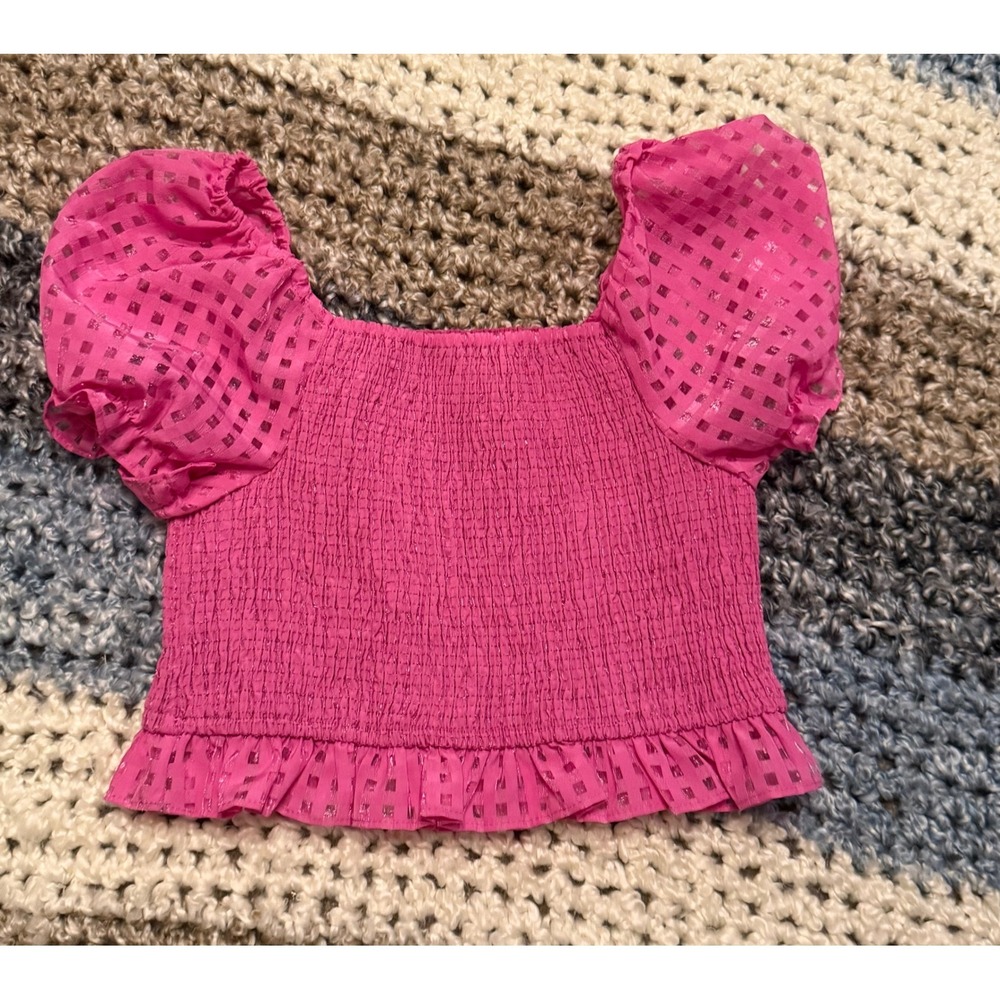 BuddyLove Pink Smocked Puff Sleeve Crop Top Square Neck Checkered Ruffle Small